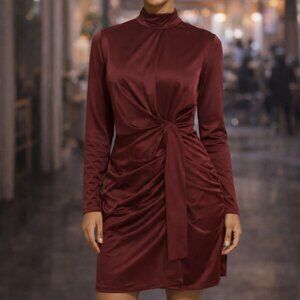 Fashion Nova Burgundy Ruched Long Sleeve Dress | Elegant Mock Neck | Size L |NWT